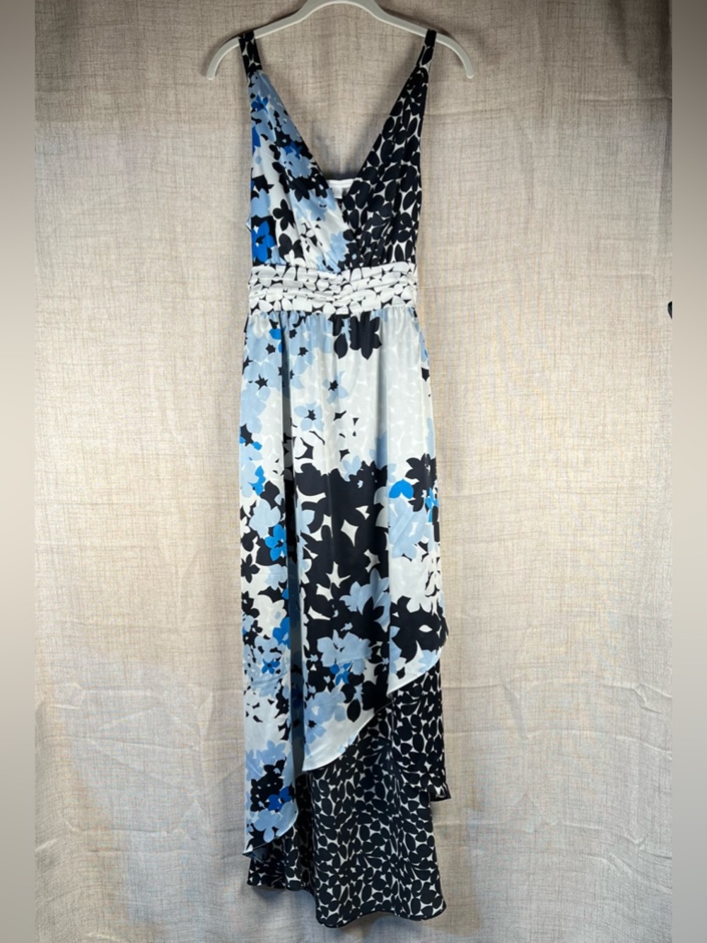 Hi-Low Floral Dress NY & Co Blue Satin Sleeveless V Neck NWT Empire‎ Waist 12